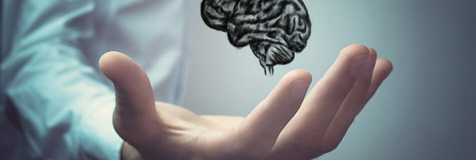 Image of a sketch of a brain above a real person's hand symbolizing grasping DBT and mental health concepts, and accurately using them