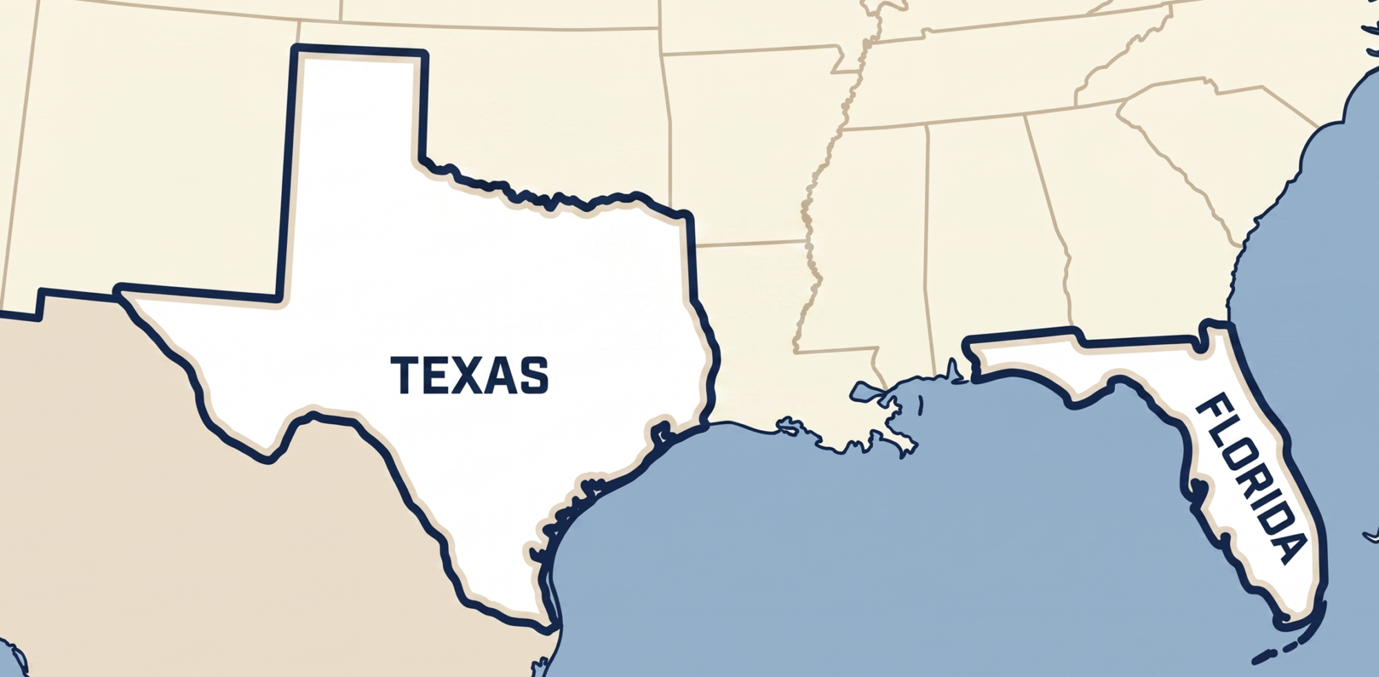 An image of a section of a map of the US with the states of Texas and Florida prominently outlined