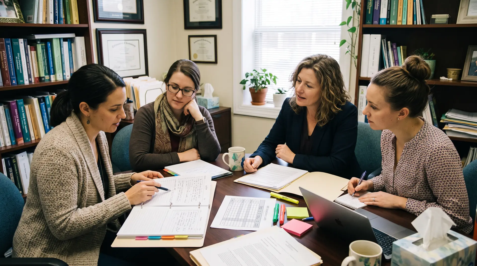 A group of four female therapists consulting on patient notes around a table