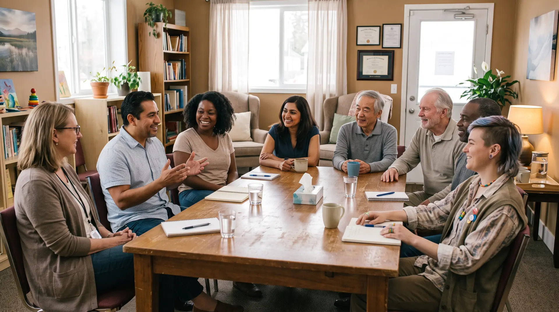 Group of adults talking around a wooden table during a DBT skills group session